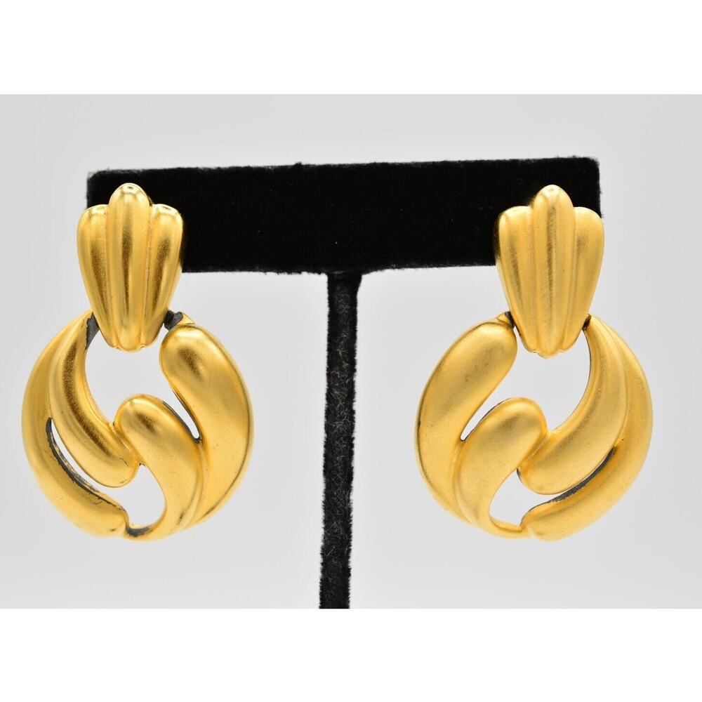 Vintage Clip Pn Earrings Brushed Gold Matte Door Knockers Chunky 80s AS IS BinAI